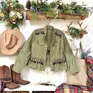 Military army Olive Green Women's Jacket w pompon fringe and embroidery